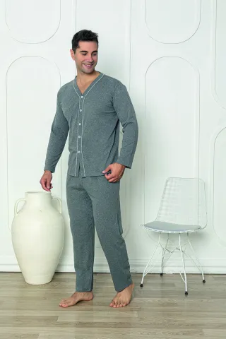 Pijama gri bărbat – mânecă lungă, nasturi, pantaloni lungi,M hover
