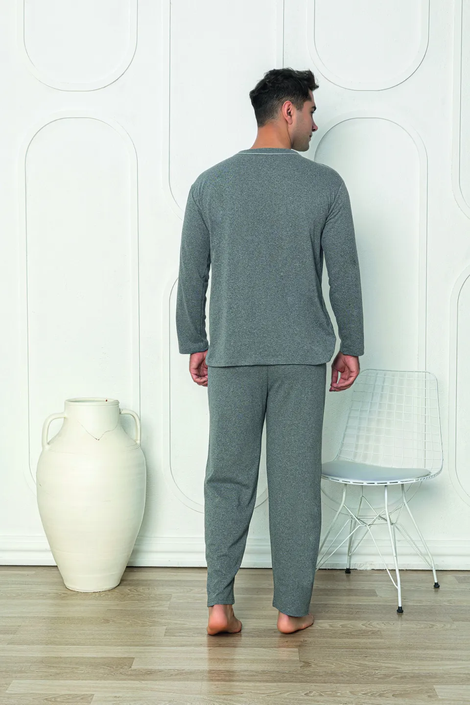 Pijama gri bărbat – mânecă lungă, nasturi, pantaloni lungi,M - 3