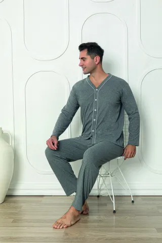 Pijama gri bărbat – mânecă lungă, nasturi, pantaloni lungi,M
