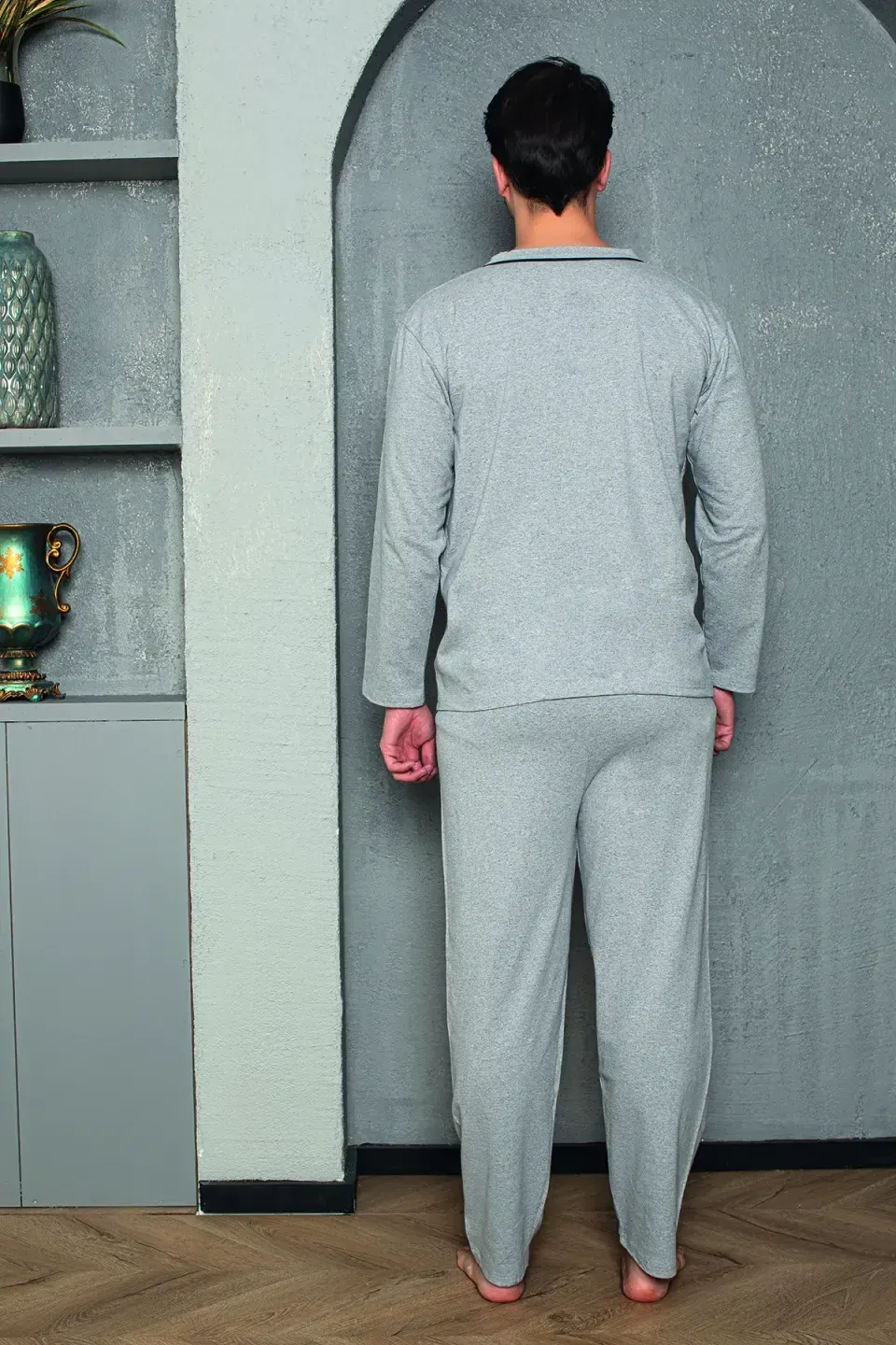 Pijama gri bărbat – mânecă lungă, nasturi, pantaloni lungi,M - 2