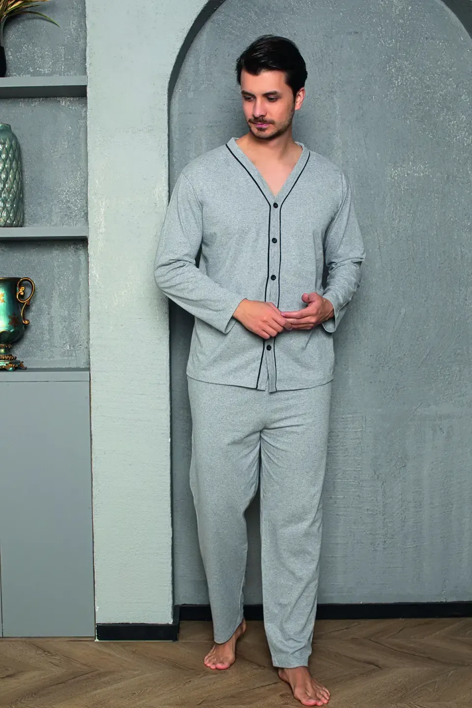 Pijama gri bărbat – mânecă lungă, nasturi, pantaloni lungi,M - 1