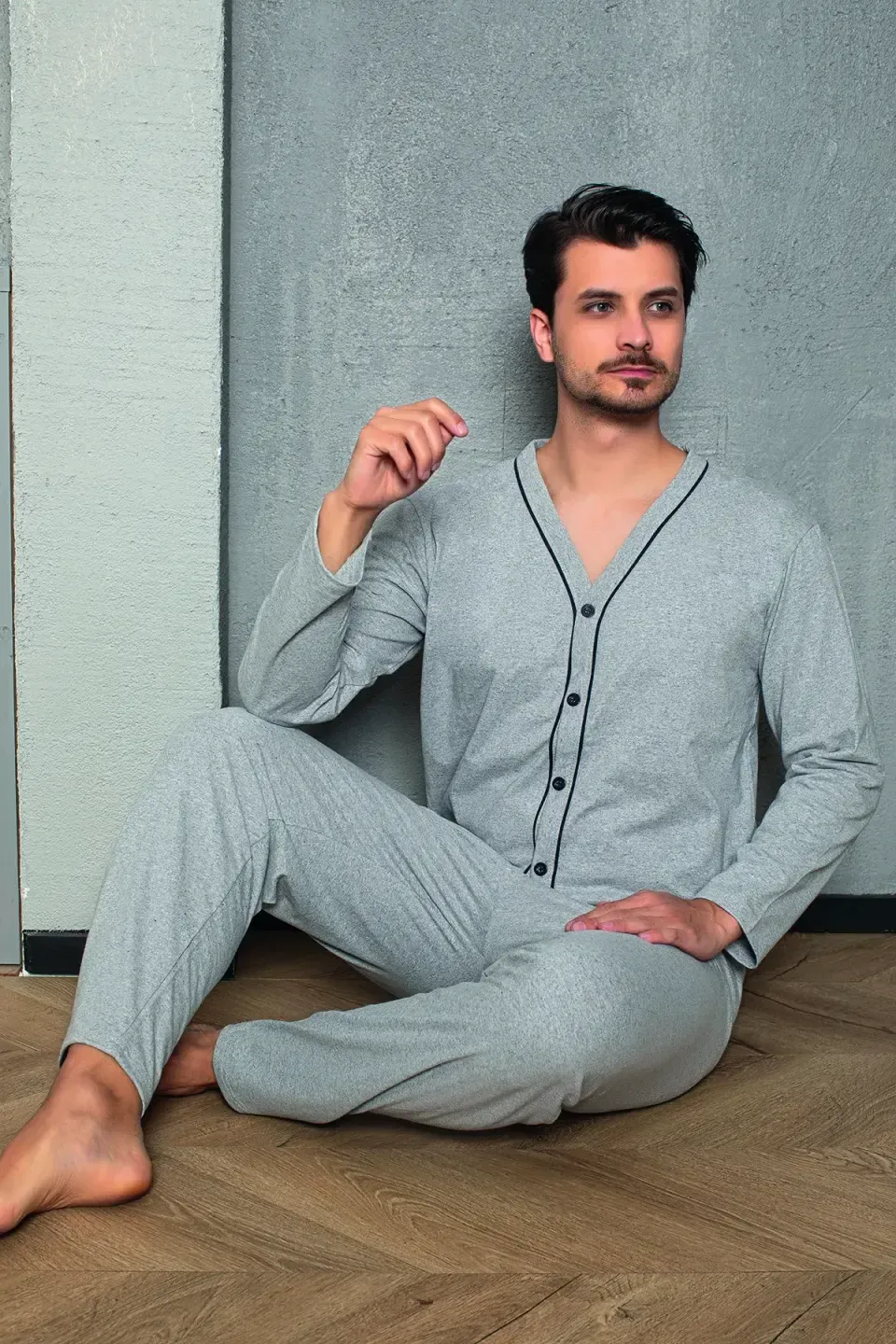 Pijama gri bărbat – mânecă lungă, nasturi, pantaloni lungi,M - 3