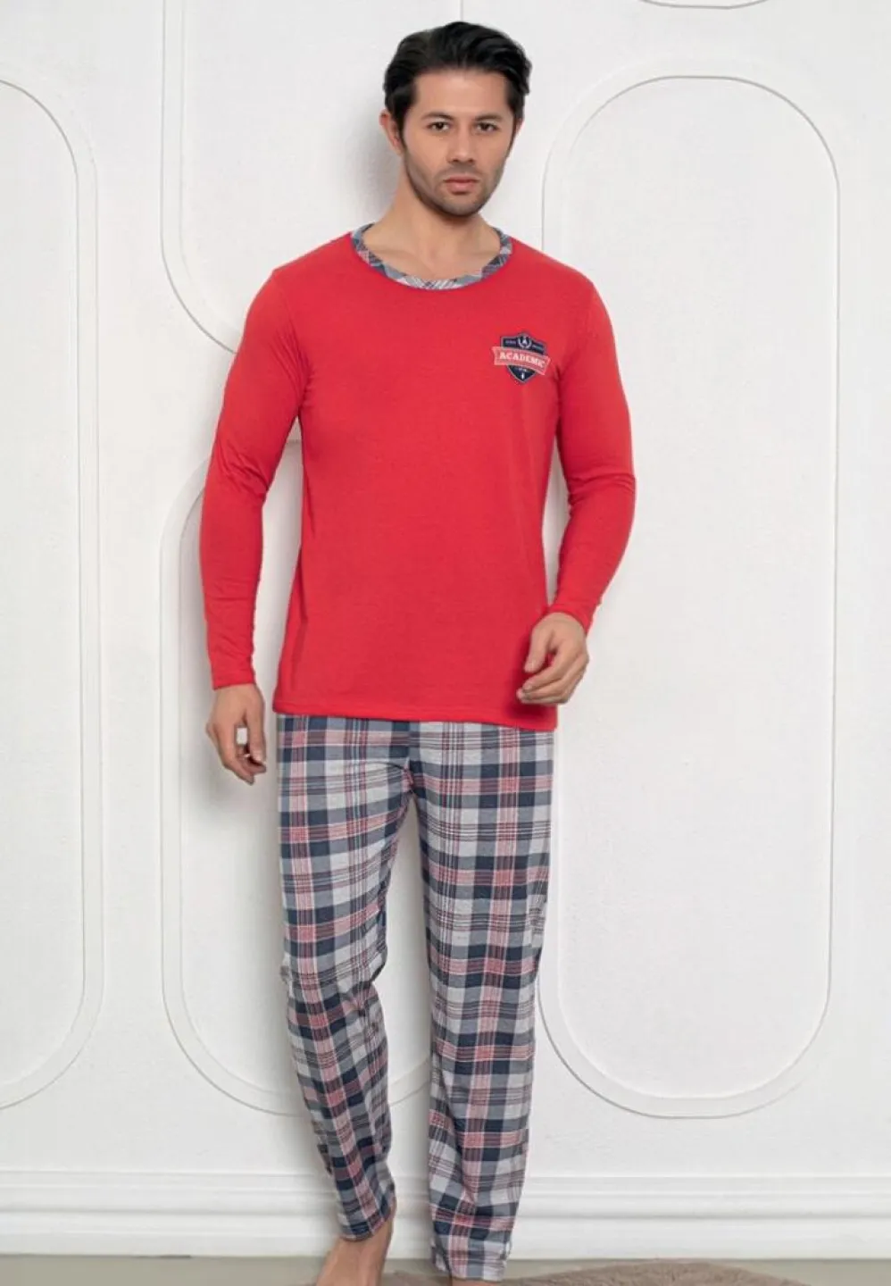 Pijama roșu bărbați – mâneci lungi și pantaloni lungi, design academic,L - 1