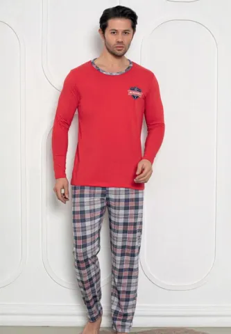 Pijama roșu bărbați – mâneci lungi și pantaloni lungi, design academic,L