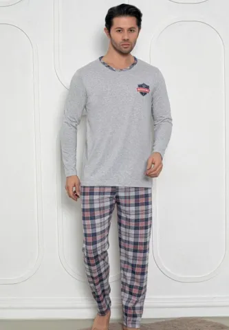 Pijama gri bărbați – mâneci lungi și pantaloni lungi, design academic