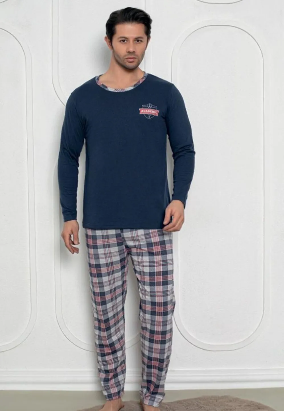 Pijama bleumarin bărbați – mâneci lungi și pantaloni lungi, design academic - 1