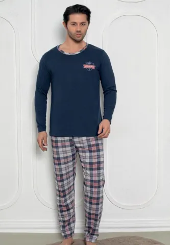 Pijama bleumarin bărbați – mâneci lungi și pantaloni lungi, design academic