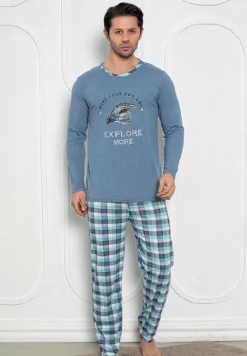 Pijama albastru bărbați – mâneci lungi și pantaloni lungi, design Explore More,Blue - 1
