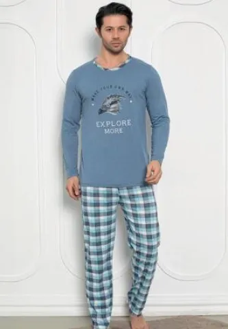 Pijama albastru bărbați – mâneci lungi și pantaloni lungi, design Explore More,Blue