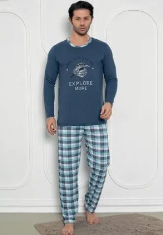 Pijama bleumarin bărbați – mâneci lungi și pantaloni lungi, design Explore More