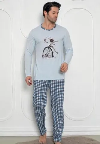 Pijama bărbați – mâneci lungi și pantaloni lungi cu print bicicletă,Blue