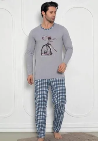 Pijama bărbați – mâneci lungi și pantaloni lungi cu print bicicletă,Gri