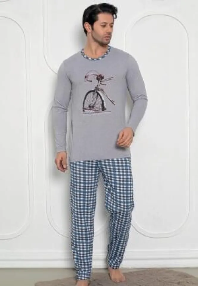Pijama bărbați – mâneci lungi și pantaloni lungi cu print bicicletă,Gri