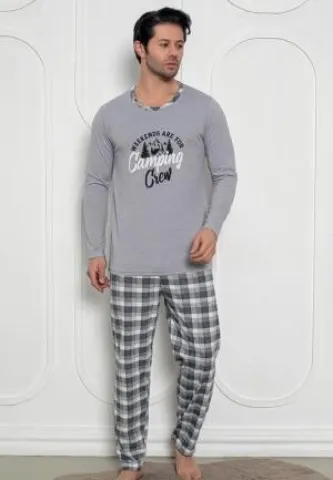 Pijama bărbați gri închis – mâneci și pantaloni lungi cu print Camping Crew