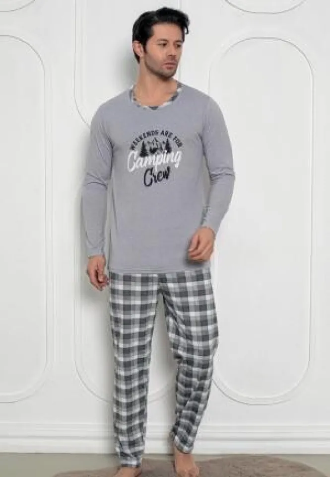 Pijama bărbați gri închis – mâneci și pantaloni lungi cu print Camping Crew