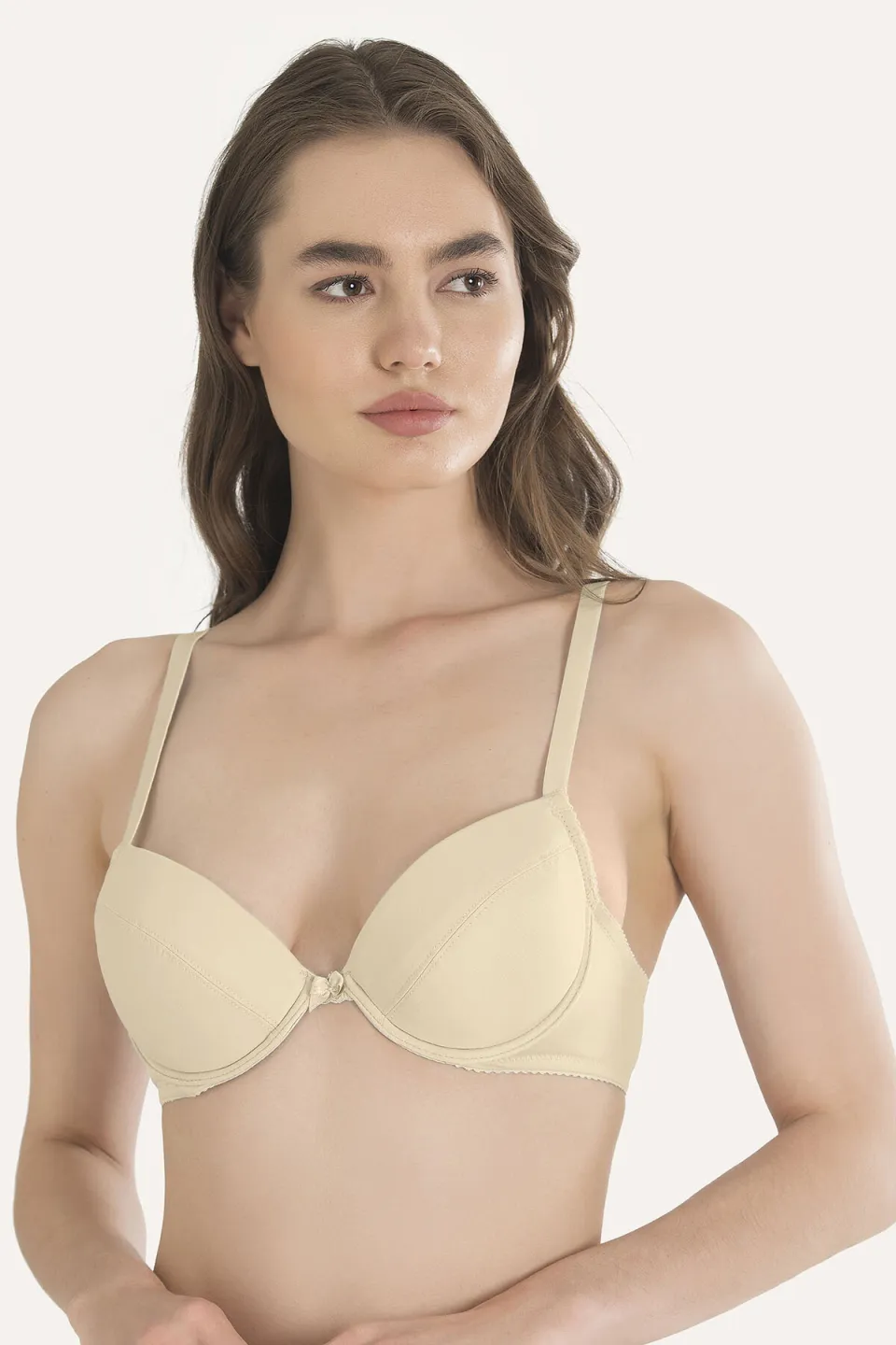 Sutien push-up cu jumătate de cupă, bretele fixe, Bej - 1