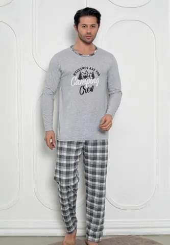 Pijama bărbați gri deschis cu print Camping Crew – mâneci lungi și pantaloni lungi