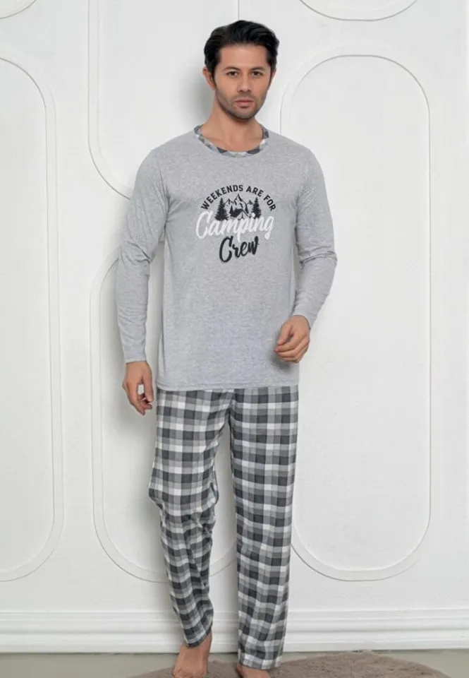 Pijama bărbați gri deschis cu print Camping Crew – mâneci lungi și pantaloni lungi