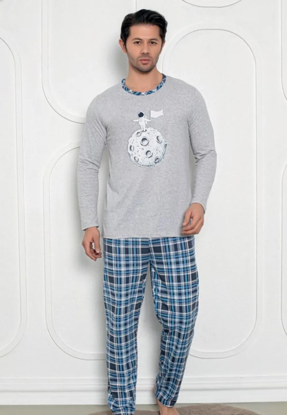 Pijama bărbați – mâneci lungi și pantaloni lungi, print Astronaut, gri - 1