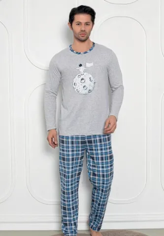 Pijama bărbați – mâneci lungi și pantaloni lungi, print Astronaut, gri