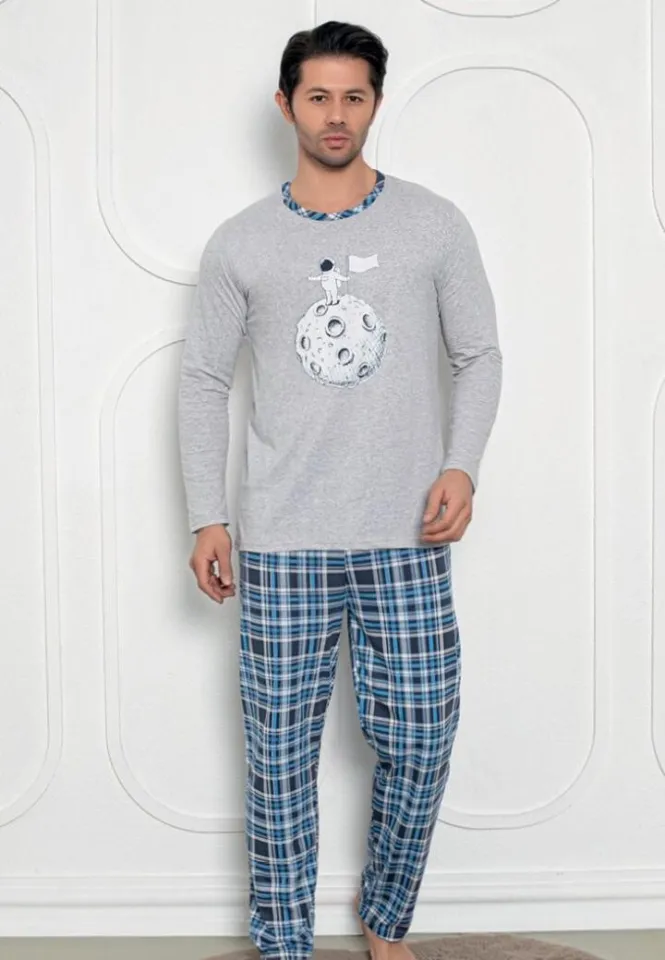 Pijama bărbați – mâneci lungi și pantaloni lungi, print Astronaut, gri