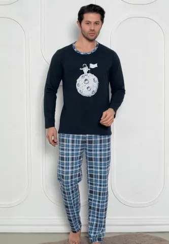 Pijama bărbați – mâneci lungi și pantaloni lungi, print Astronaut,Bleumarin