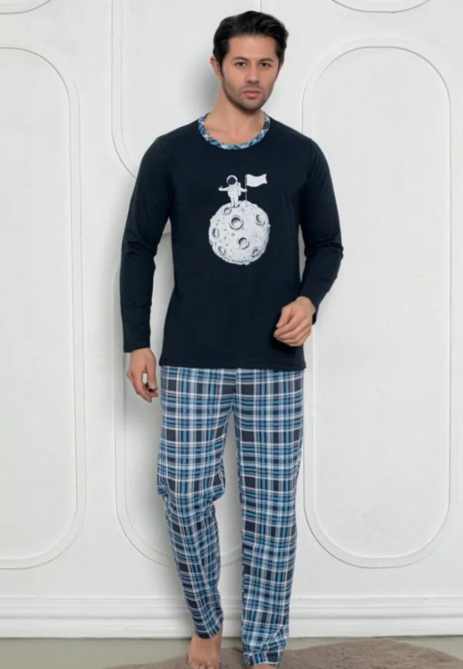 Pijama bărbați – mâneci lungi și pantaloni lungi, print Astronaut,Bleumarin