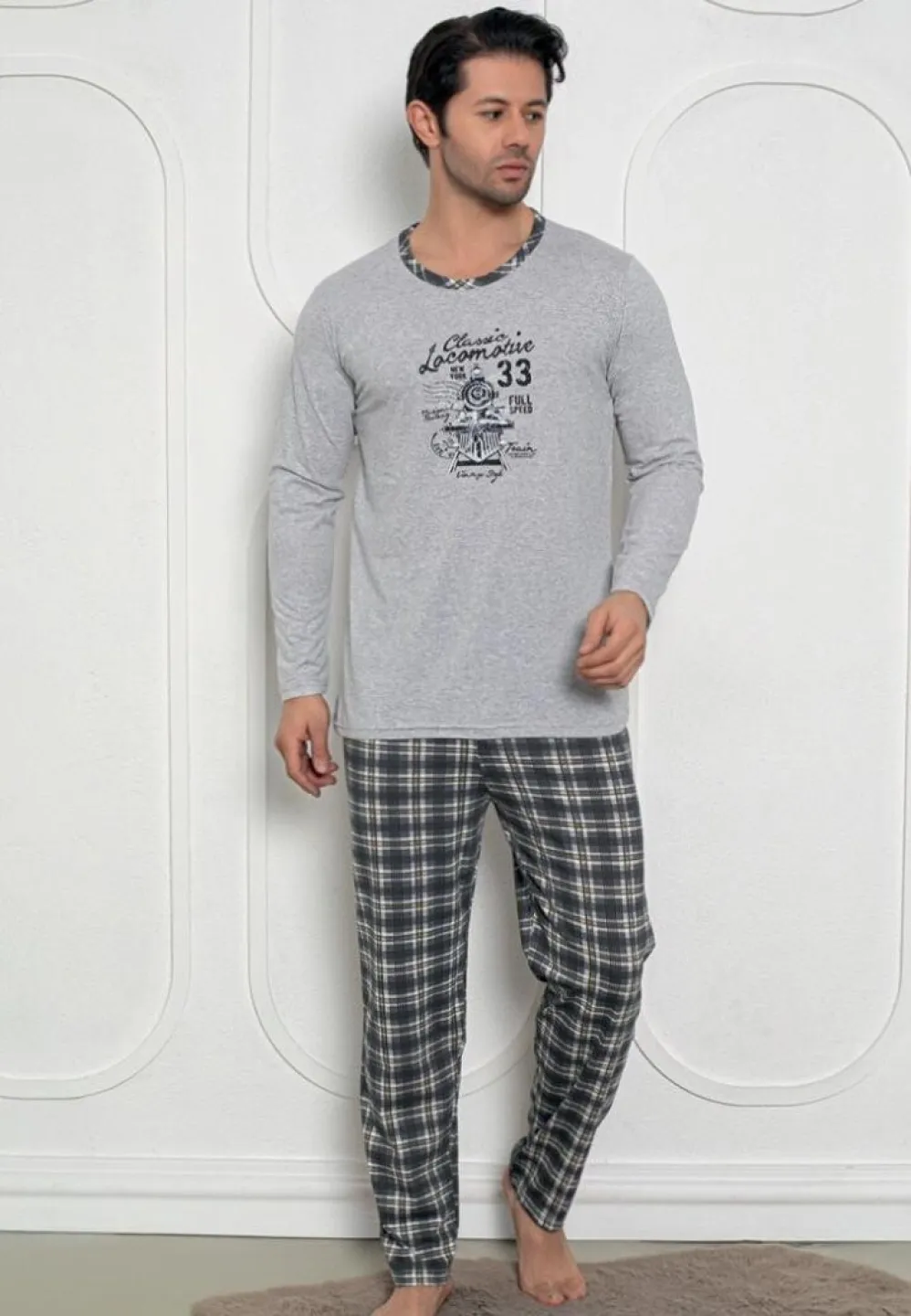 Pijama bărbați gri cu design Locomotive – mâneci lungi și pantaloni lungi - 1
