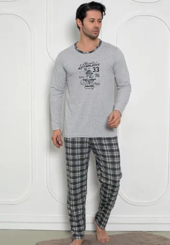 Pijama bărbați gri cu design Locomotive – mâneci lungi și pantaloni lungi