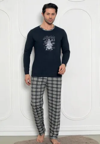 Pijama bărbați Bleumarin cu design Locomotive – mâneci lungi și pantaloni lungi