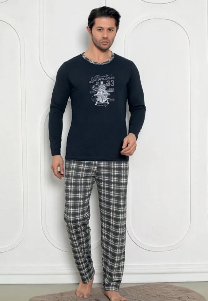 Pijama bărbați Bleumarin cu design Locomotive – mâneci lungi și pantaloni lungi