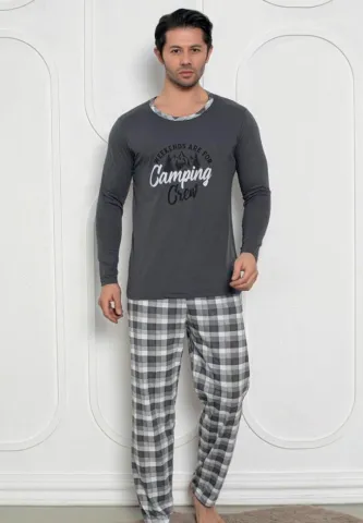 Pijama bărbați gri închis cu print Camping Crew – mâneci și pantaloni lungi