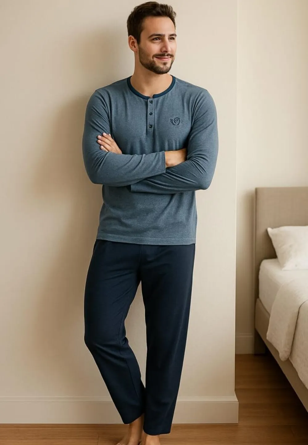 Pijama bărbat bumbac – mânecă lungă, pantalon lung, albastru deschis - 1