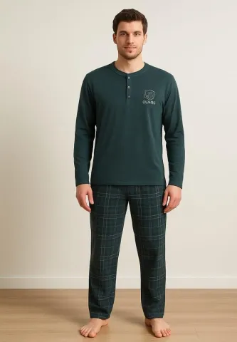 Pijama bărbat bumbac – verde, mânecă lungă, pantalon lung