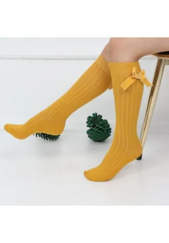 Șosete fete 3/4 cu fundiță, galben