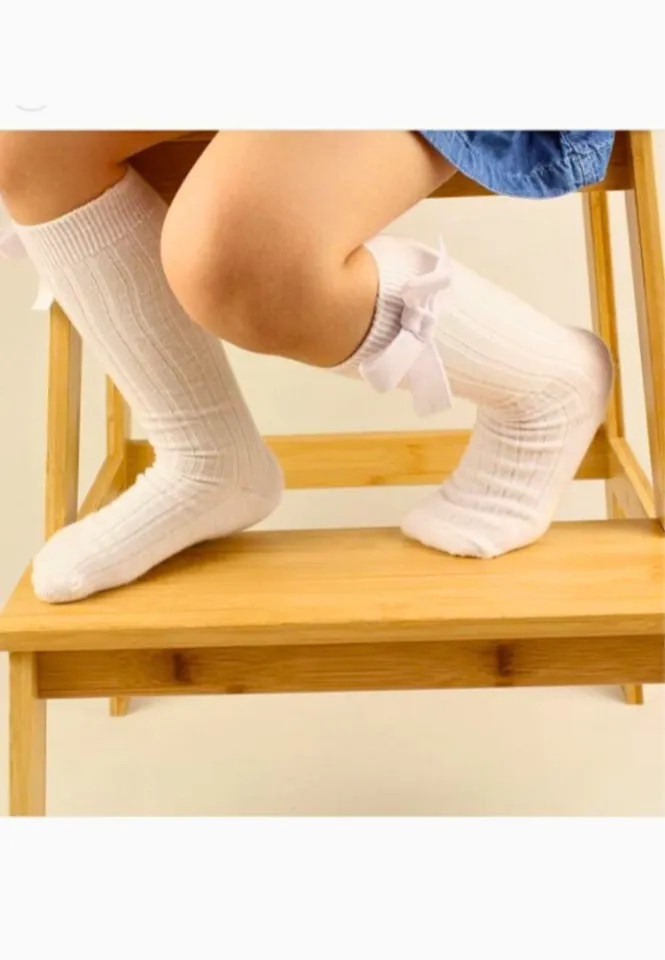 Șosete fete 3/4 cu fundiță, alb