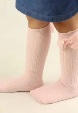 Sosete fetițe 3/4, bumbac, cu fundiță decorativă, culoare Roz