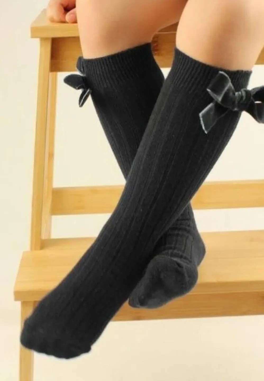 Șosete fetițe 3/4, bumbac, cu fundiță decorativă, Gri inchis - 1