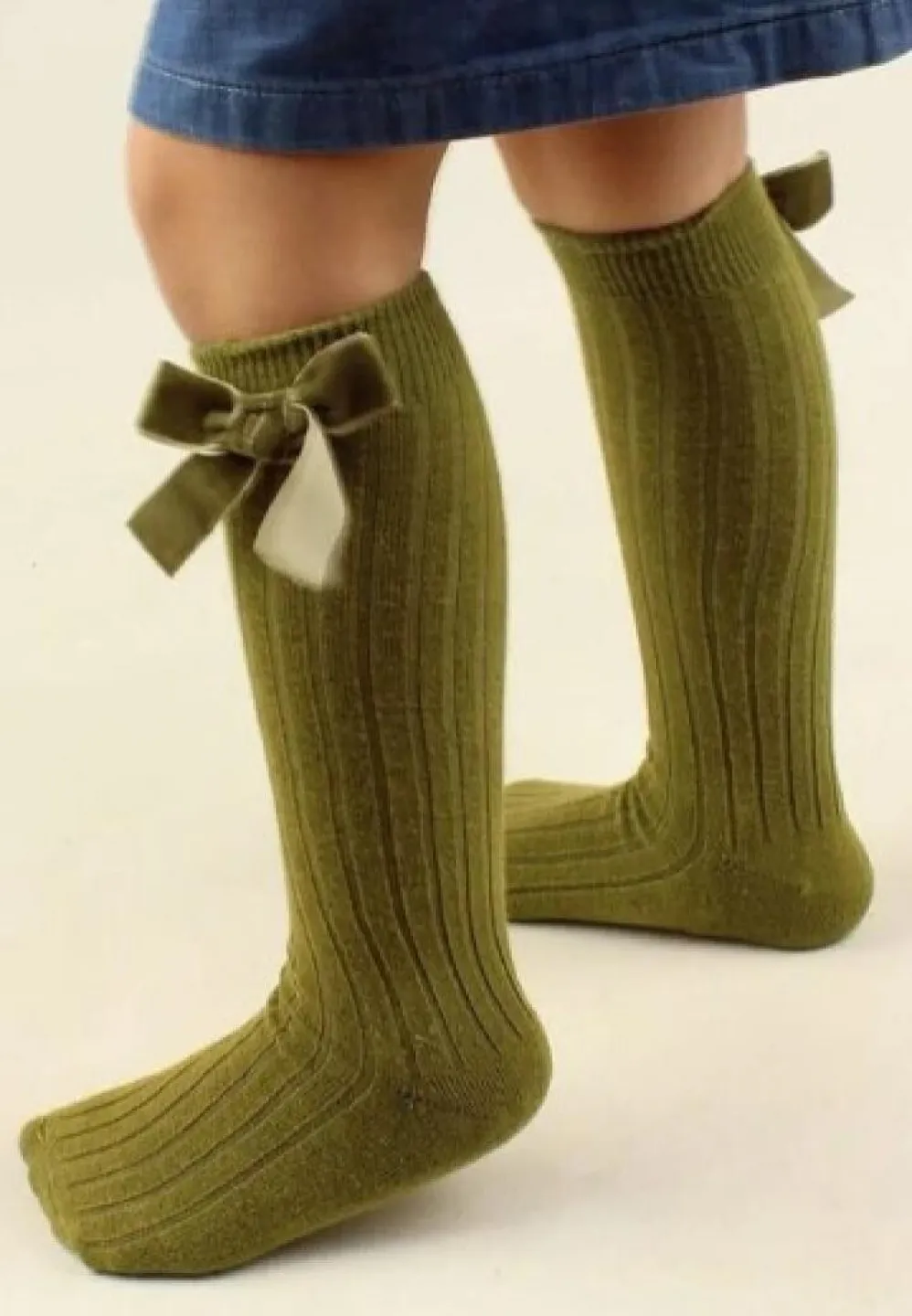 Șosete fetițe 3/4, bumbac, cu fundiță decorativă, Kaki - 1