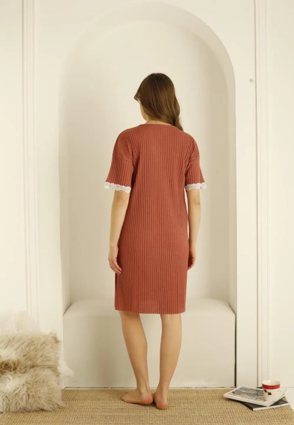 Rochie Dama Plisată cu Dantelă la Gât și Mâneci - 2