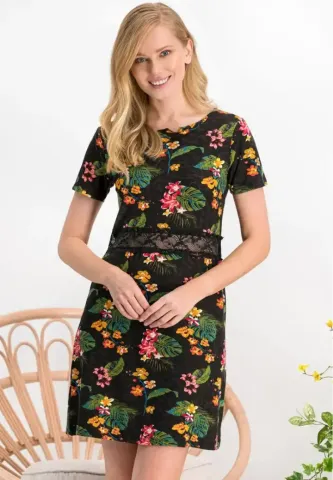 Rochie Damă cu Imprimeu Floral și Aplicații din Dantelă