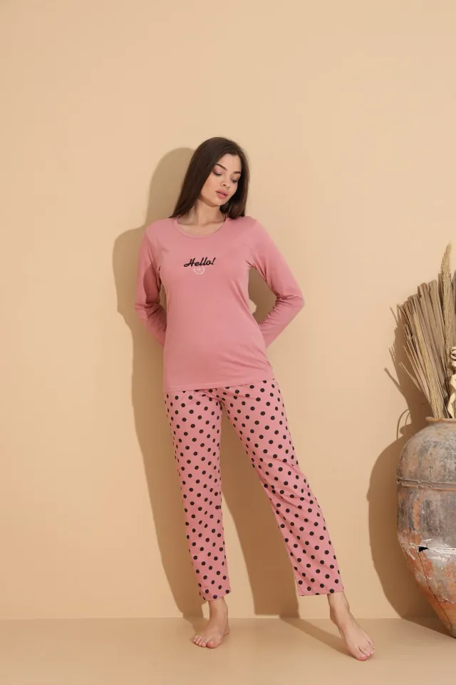 Pijama damă roz cu imprimeu „HELLO” și pantaloni lungi cu buline