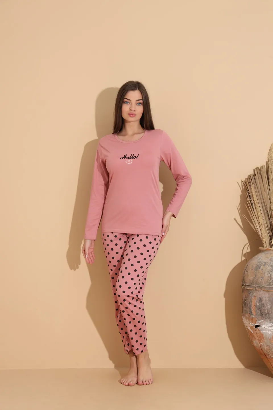 Pijama damă roz cu imprimeu „HELLO” și pantaloni lungi cu buline - 2
