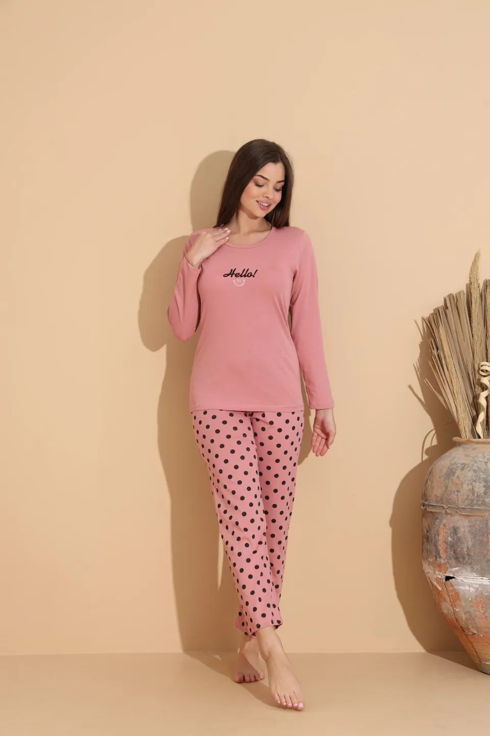 Pijama damă roz cu imprimeu „HELLO” și pantaloni lungi cu buline - 3