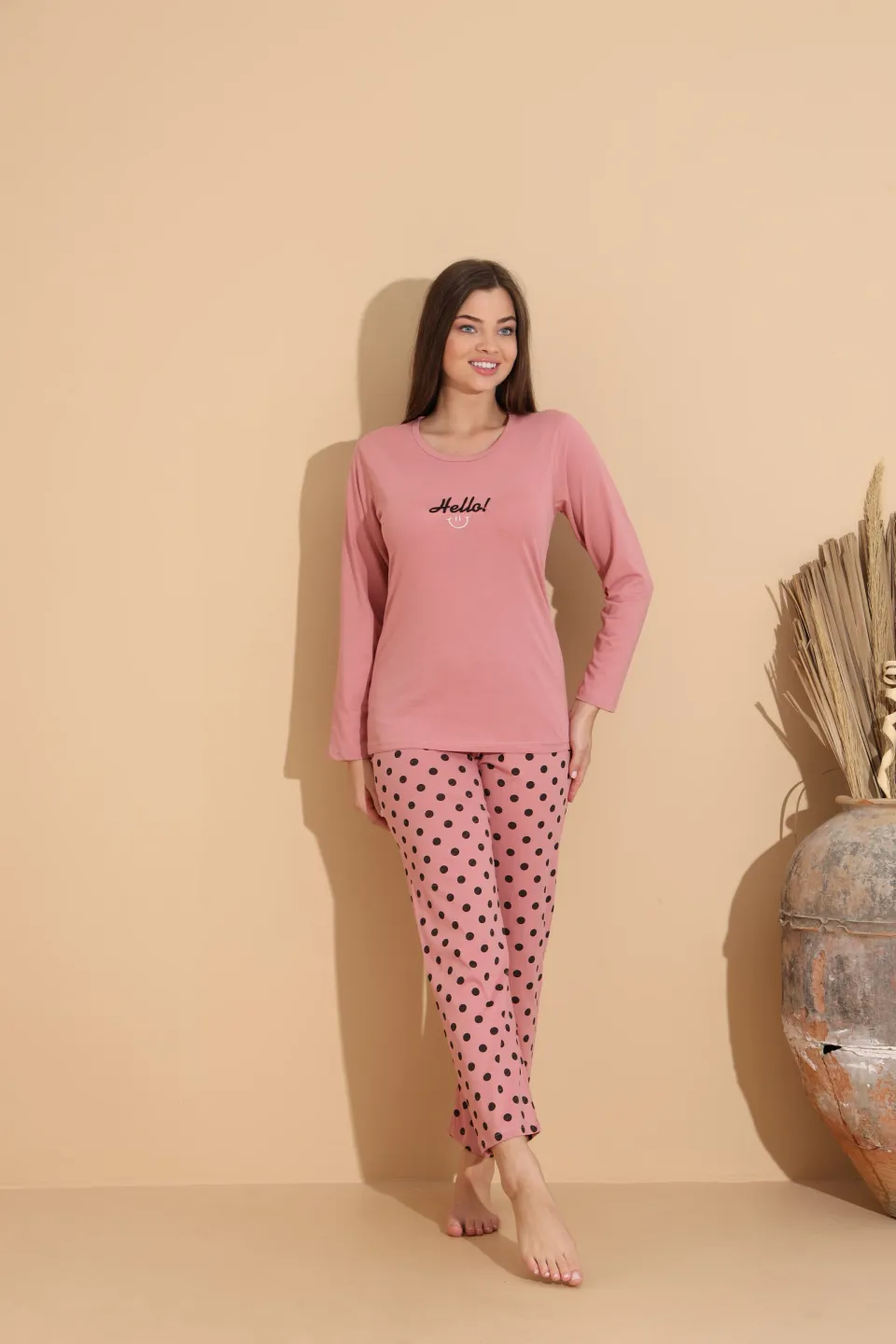 Pijama damă roz cu imprimeu „HELLO” și pantaloni lungi cu buline - 4