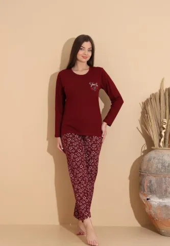 Pijama damă bordo „You Can M” – mânecă lungă, pantaloni lungi