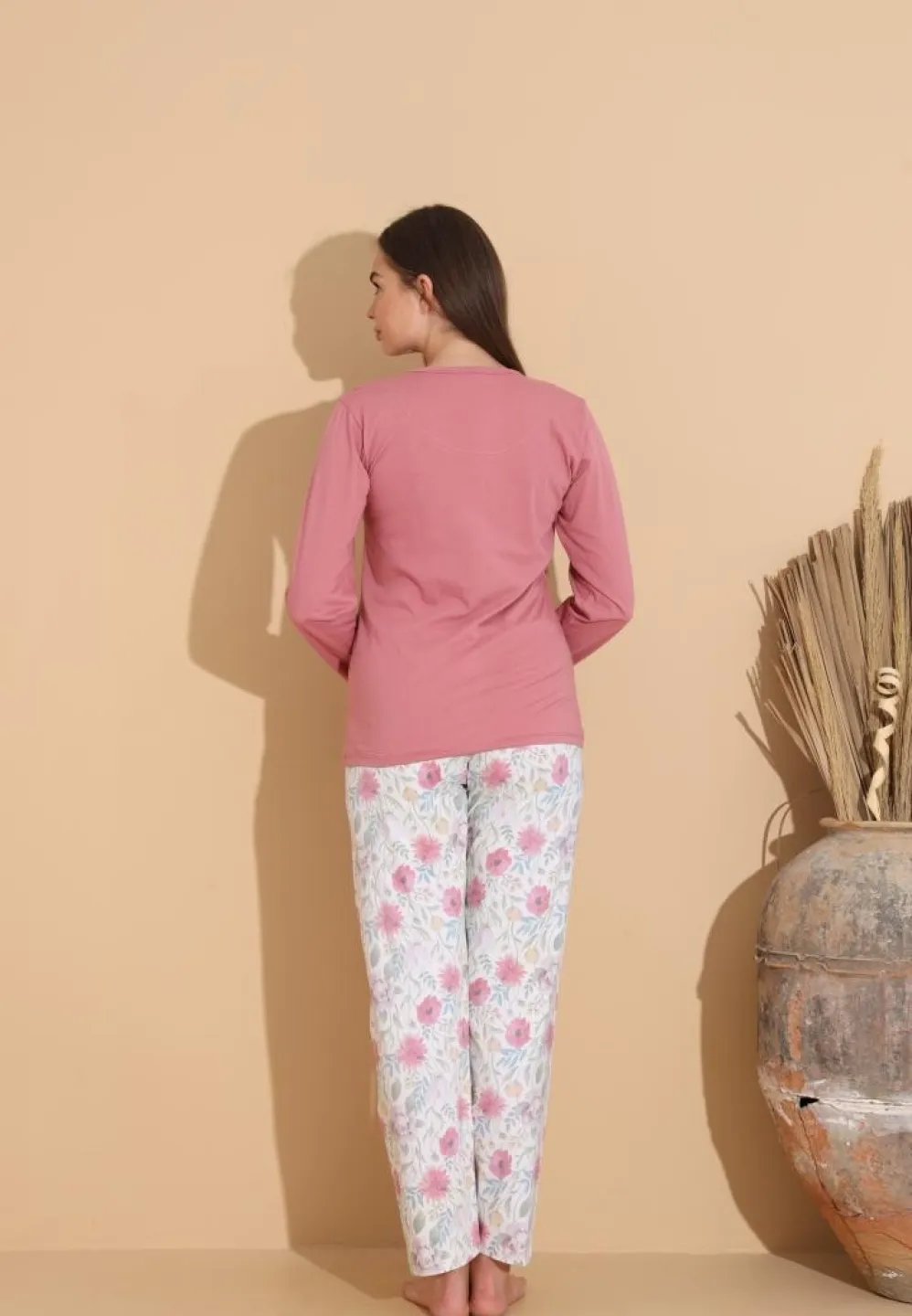 Pijama damă cu bluză „Flowers” și pantaloni cu imprimeu floral, roz prăfuit - 2