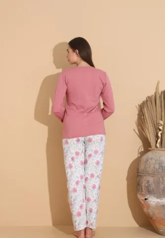 Pijama damă cu bluză „Flowers” și pantaloni cu imprimeu floral, roz prăfuit hover