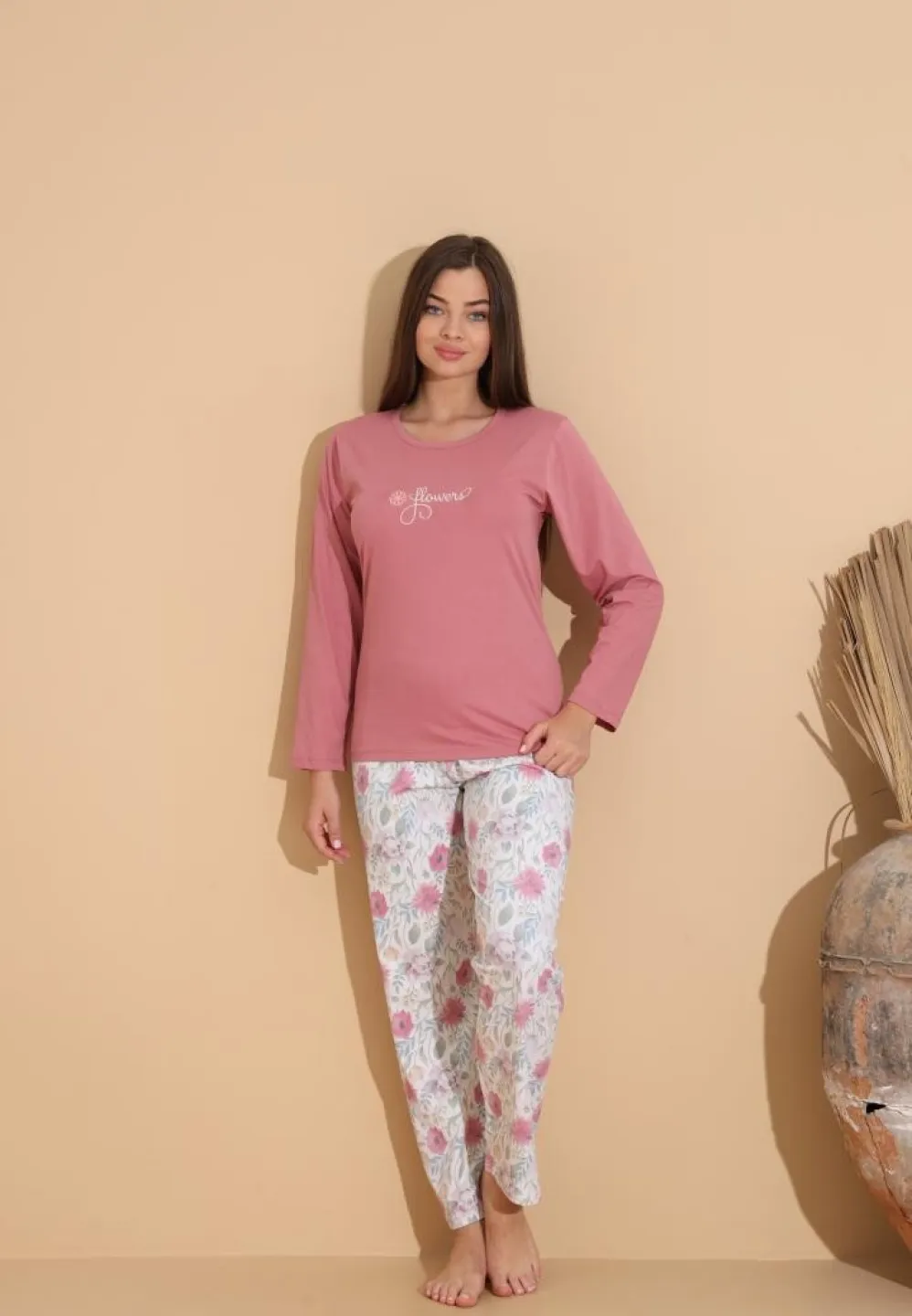 Pijama damă cu bluză „Flowers” și pantaloni cu imprimeu floral, roz prăfuit - 3