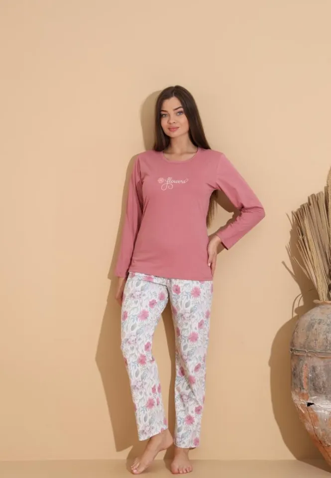 Pijama damă cu bluză „Flowers” și pantaloni cu imprimeu floral, roz prăfuit